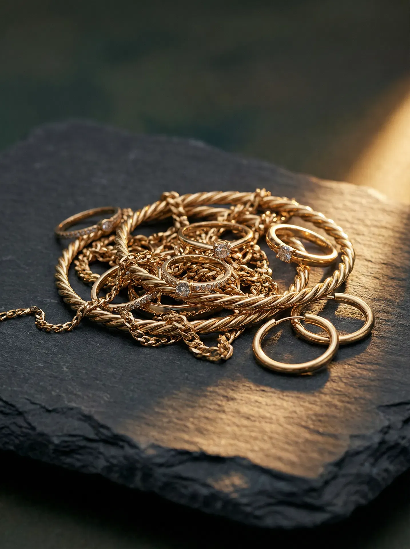 Unwanted gold jewellery: tangled fine gold chains and odd gold rings on a slate slab