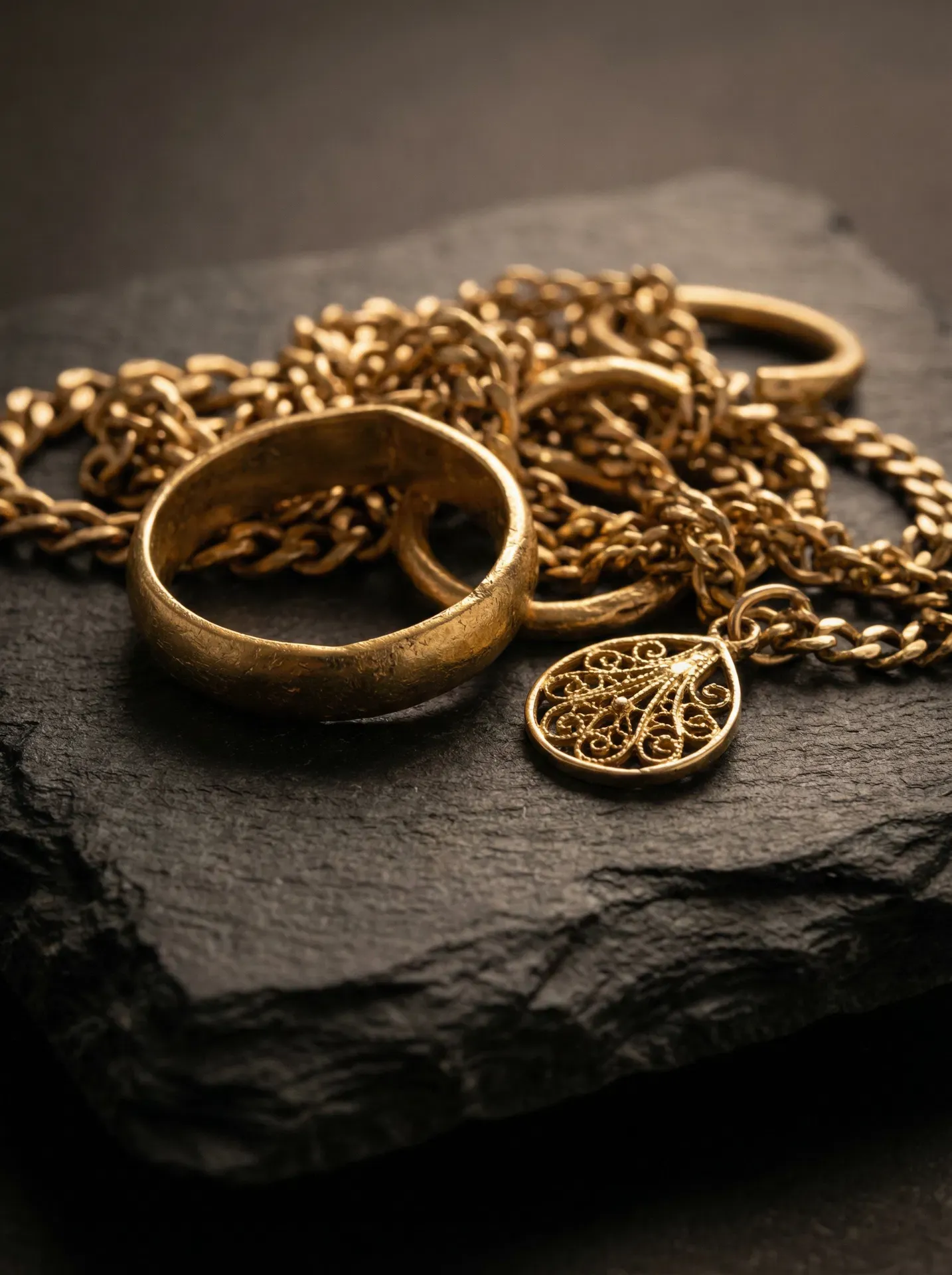 Worn gold rings, broken chains and odd earrings of the kind sent in for assay