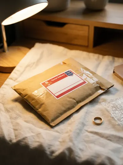 A padded envelope sealed and labelled for Royal Mail Special Delivery, ready to post gold jewellery to GoldPaid