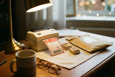 A prepaid Royal Mail Special Delivery label printing at a home desk, beside padded envelopes ready to post