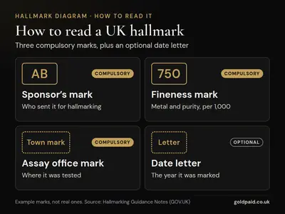 Diagram of how to read a UK hallmark: the sponsor’s mark, fineness mark and assay office mark are compulsory, and the date letter is optional